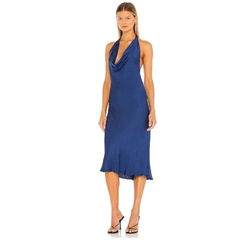 Young Fabulous & Broke Satin Halter Midi Dress Blue Size Large Viscose Rayon
